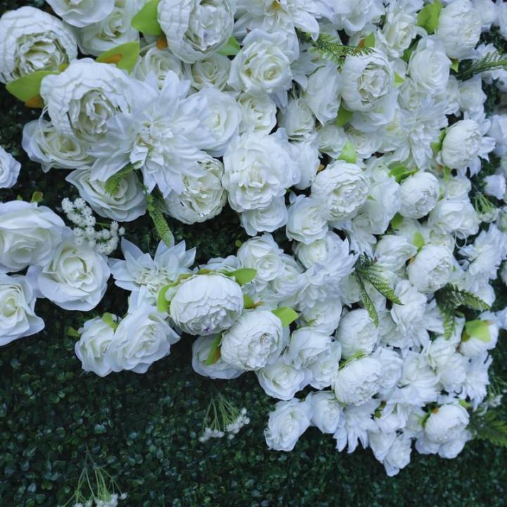 Weiße 3D-Simulation Rose Green Grass Bottom Cloth Flower Wall ， Hochzeitsdekoration Für Fotohintergrund Home Party Wedding Backdrop(3 * 3m/9.8 * 9.8ft)