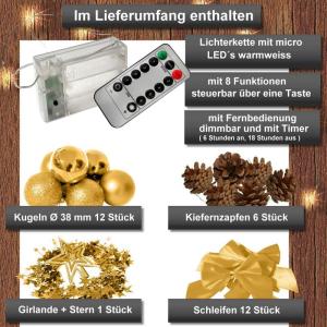 Kunstkerstboom (WBD) met kerstdecoratie en led-lichtketting met afstandsbediening, kerstboom versierd met verlichting, kunstkerstboom