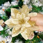 12 stuks glitter kerstster bloemen kerstbloemen met 12 stuks kunststof wortelstokken 12 stuks clips kunstglitter kerstboom bloemen voor kerstboom Nieuwjaar decoraties 14,5 cm