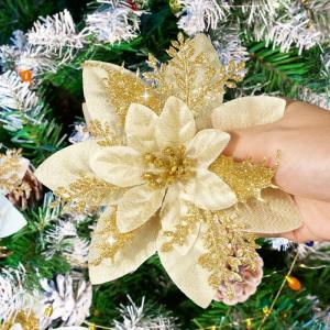 12 stuks glitter kerstster bloemen kerstbloemen met 12 stuks kunststof wortelstokken 12 stuks clips kunstglitter kerstboom bloemen voor kerstboom Nieuwjaar decoraties 15 cm