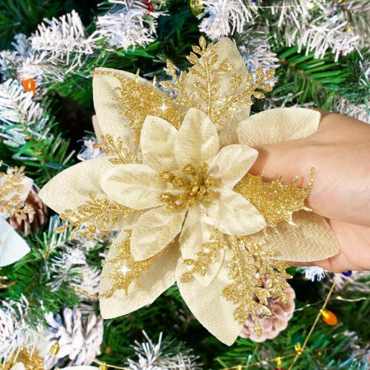 12 stuks glitter kerstster bloemen kerstbloemen met 12 stuks kunststof wortelstokken 12 stuks clips kunstglitter kerstboom bloemen voor kerstboom Nieuwjaar decoraties 14,5 cm