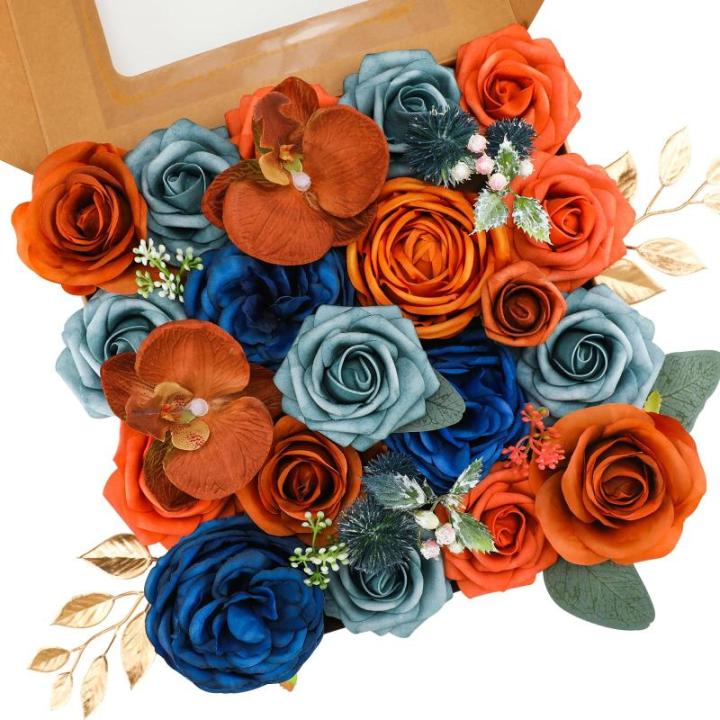 Künstliche Blumen Combo Königsblaue Blumen Mix Seidenblumen Orchideen Rosen mit Stielen für DIY Hochzeit Brautsträuße Babyparty Blumenarrangement Tischaufsätze Heimdekoration