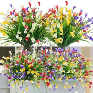 Calla Lily Kunstbloemen, 8 bundels kunstbloemen, UV-bestendige plastic bloemen, , balkon, boeket, planten voor balkon, tuin, raam, binnen en buiten