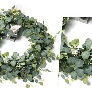 2 stuks kunstmatige slingers eucalyptus met witte bloemen, kunstmatige hangplant eucalyptus, groene kunstplant, bladerslinger, voor achtergrond, bruiloftsdecoratie, tafeldecoratie