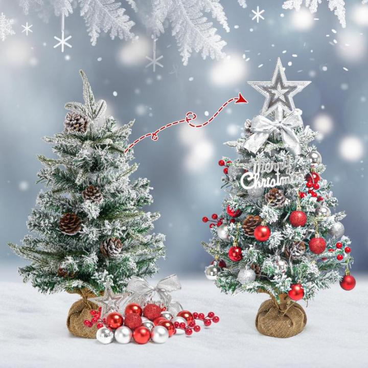 Mini-kerstboom met verlichting, led-tafel, rood, zilver, 60 cm