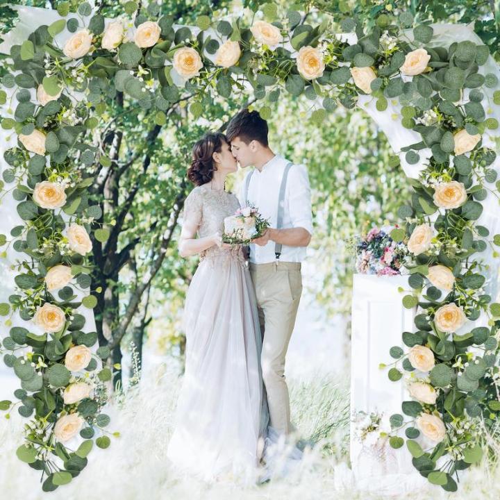 Künstliche Eukalyptus-Blumengirlande mit Champagnerrose, Seidenblumen, Grün, Girlande, Kunstschleierkraut, Efeu, für Hochzeit, Zuhause, Weihnachten, Party, Tischläufer, Dekorat