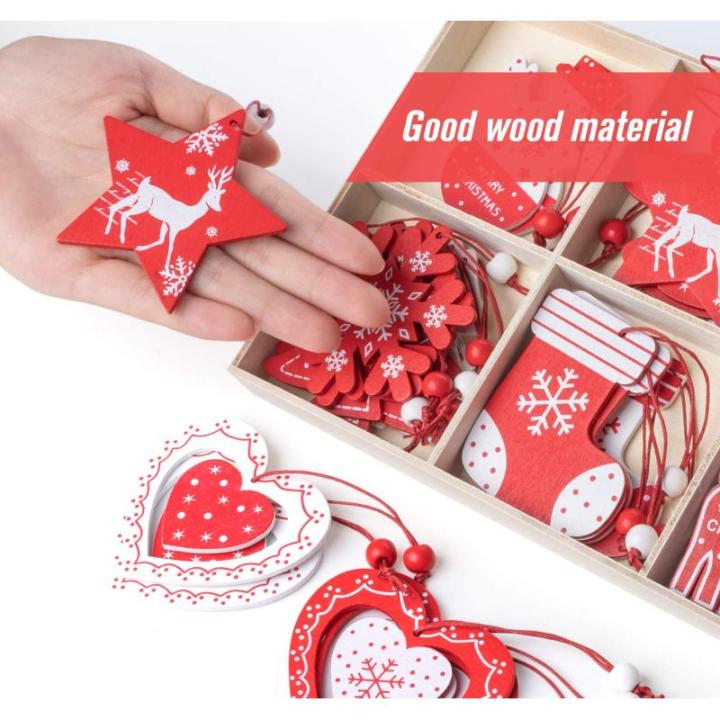 36 stuks houten kerstboomversiering, rood wit, kerst, kerstversiering, kerstversiering, kerstboomversiering, voor kerstkalender, decoratie, decoratie