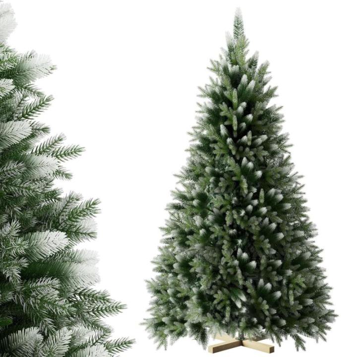 Onin, kunstkerstboom met kunstsneeuwcoating op punten, met 850 takken en houten standaard, inclusief 75 PE-spuitgietwerk en 775 pvc-punten, klapsysteem (H180 cm)