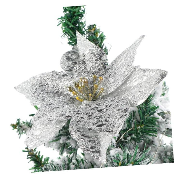 12St Doppelschicht kleine Weihnachtsblume DIY weihnachtshandwerk Christbaumschmuck Ornamente weihnachtsdeko künstliche blüten Weihnachtsbaum Party-Requisiten Plastik Silver