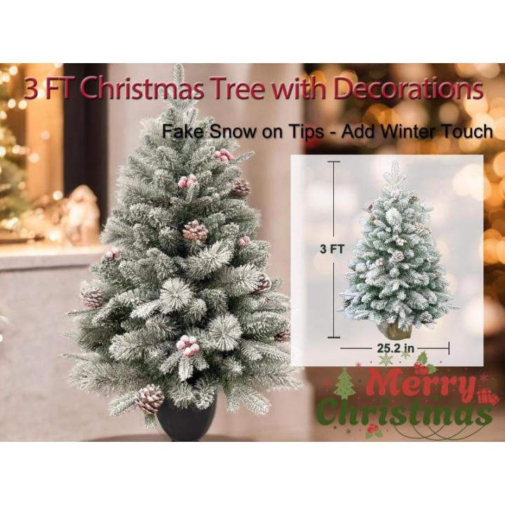 Tafelkerstboom, kleine kerstboom, 6 dennenappels, 6 bessen, 155 takjes (kunstijskralen en dunne kunstsneeuw), pluizig en realistisch, vakantiesfeer, 7,5 m