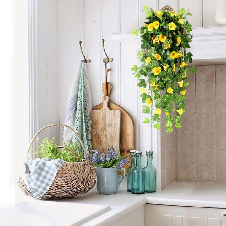 2 stuks kunstmatige blauweregen wijnstok kunstmatige hangende bloemen nepplanten voor tuin hek balkon buiten binnen decoratie (geel bloemgroen, 90 cm)