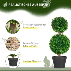 , set van 2 buxusboom, 60 cm kunstplant met dubbele bal, uv-bestendige kamerplant, kunstboom, plantendecoratie voor binnen en buiten, groen