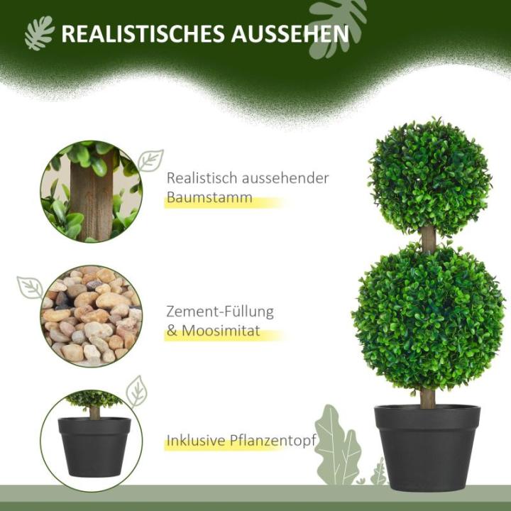 , set van 2 buxusboom, 60 cm kunstplant met dubbele bal, uv-bestendige kamerplant, kunstboom, plantendecoratie voor binnen en buiten, groen