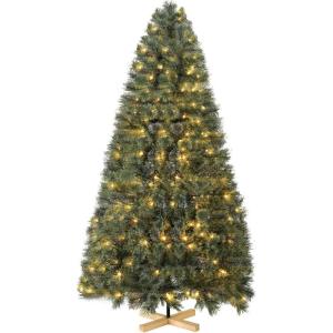 Nordmanntanne Kunstkerstboom, Levensechte Voorbehandelde Dennennaalden, Kerstboom met Handgemaakte Houten Standaard, Vakantie Decoratie voor Thuis en Winkel, 450 Warm Witte Lampjes