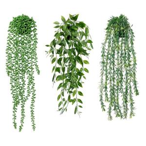 3 stuks kunstmatige hangplanten, eucalyptus, bladeren met potten, 63 cm lang, onderhoudsvrije kunstvetplanten, voor tuin, binnen en buiten (vetplanten)
