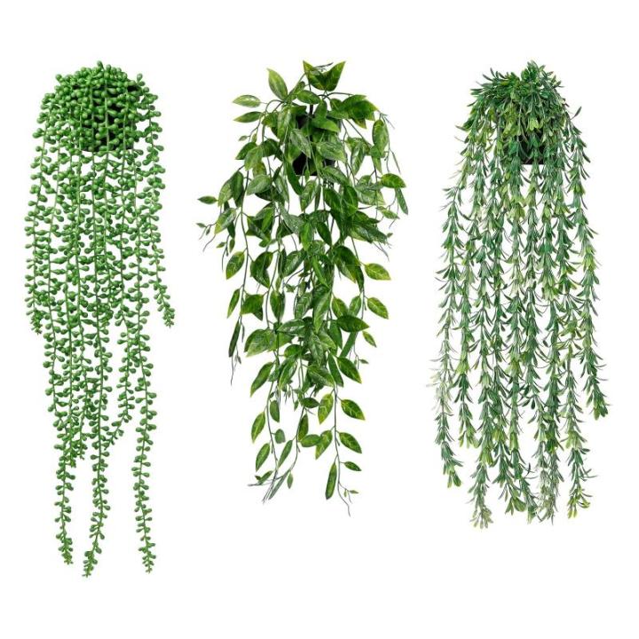 3 stuks kunstmatige hangplanten, eucalyptus, bladeren met potten, 63 cm lang, onderhoudsvrije kunstvetplanten, voor tuin, binnen en buiten (vetplanten)