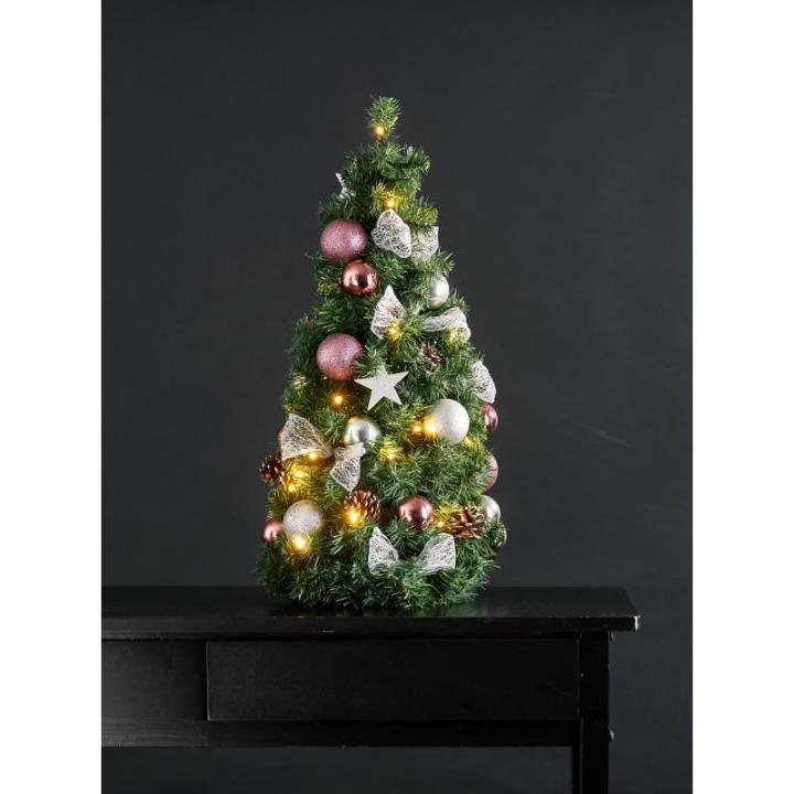 Kunstkerstboom 65 cm voor binnen, decoratieve dennenboom met ledverlichting en kerstballen in roze en zilver, met timer, warmwit, op batterijen werkende kunstboom