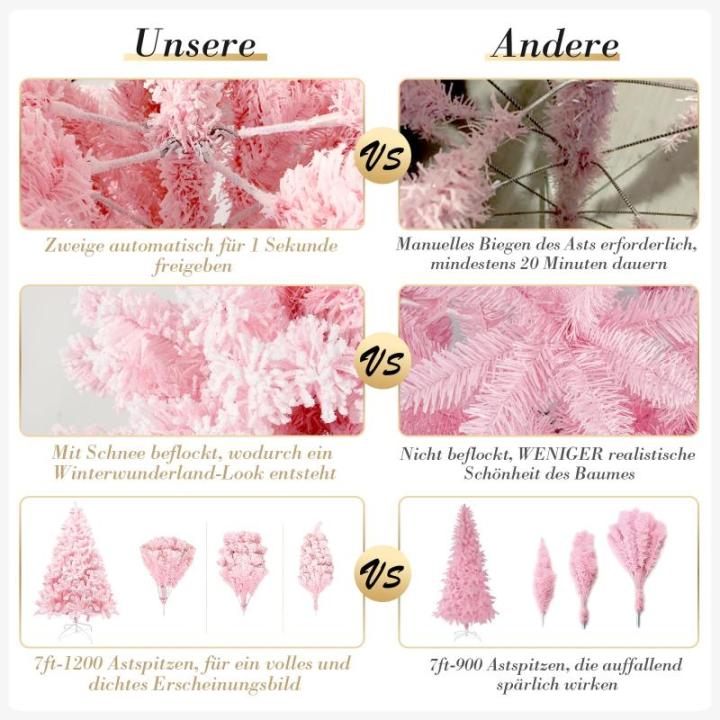 210 cm kerstboom bevlokt roze met volle vlokken decoratie met sneeuwvlokken, 1200 takpunten dennenbladeren van pvc en stabiele basis, kerstboom voor kerstdecoraties
