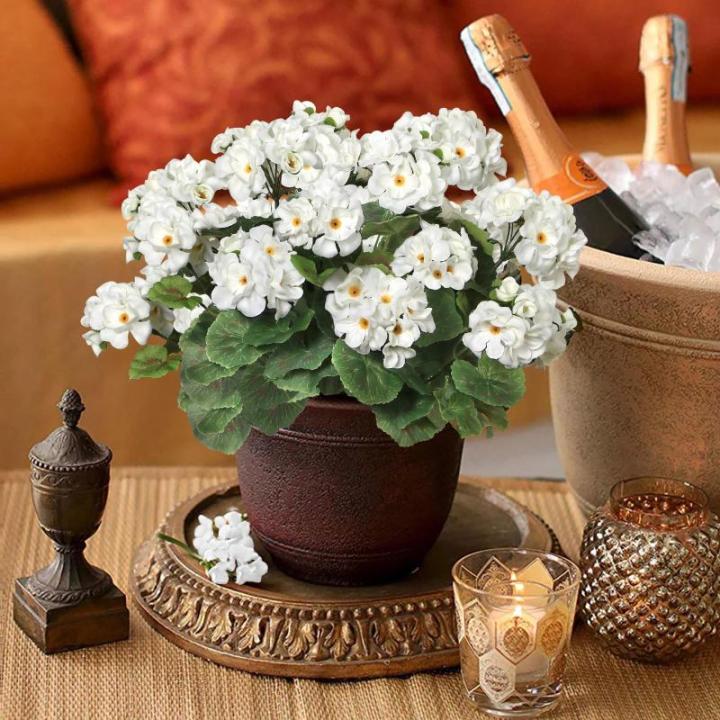 , 3 bundels voor buiten en binnen, namaakgeranium, zijden bloemen, decoratie, , uv-bestendig, geraniumstruik voor hangende tuin, veranda, raam, box, decoratie, wit