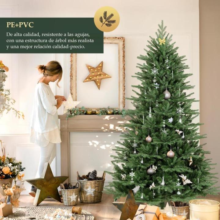 Kunstkerstboom 180 cm, kunstdennenboom van PE en pvc, met handschoenen en houten standaard, als kerstdecoratie voor binnen
