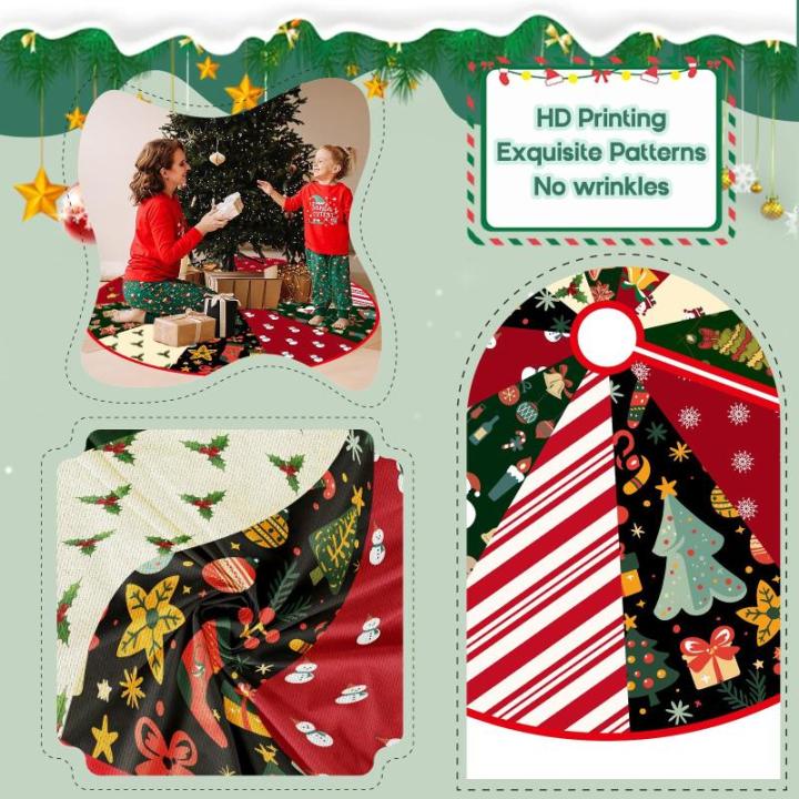 Kerstboomdeken, 120 cm, groen, rood, kerstboomrok, ronde kerstboomdeken, polyester kerstboomdeken, graffiti, dennenboomdeken, retro kerstboomdeken voor wintervakantie, Kerstmis, fe