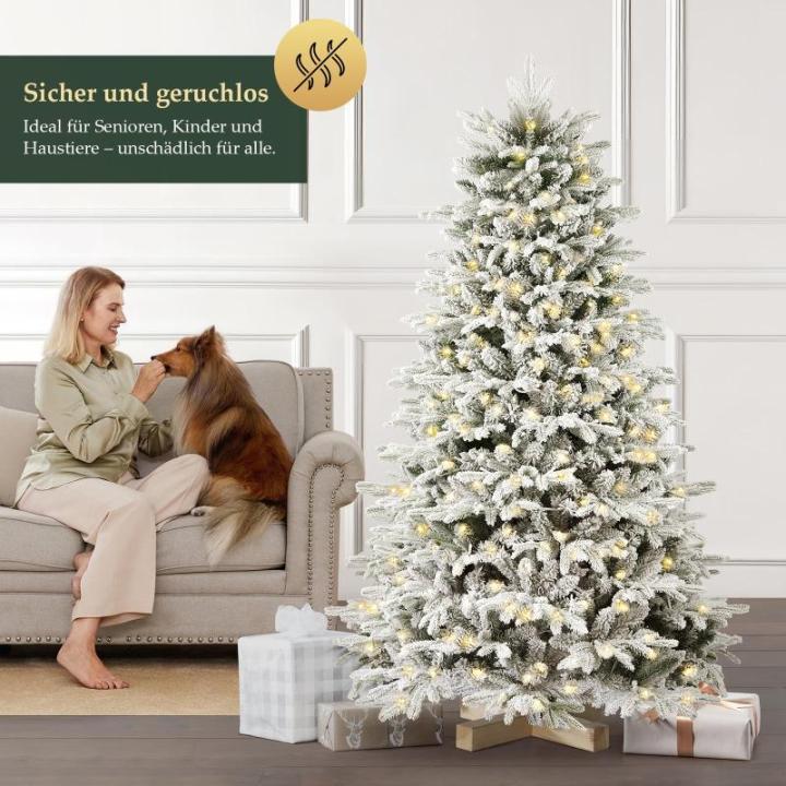 Witte kunstkerstboom met verlichting, 180 cm, sneeuwdennenboom, kunstkerstboom met 330 leds, handschoenen, houten standaard