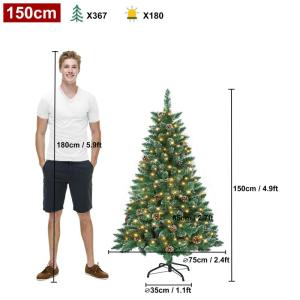 Kunstkerstboom met verlichting, groen, pvc, met sneeuweffect, dennenappels, led, pvc, kerstboom, decoratieve boom met standaard, kerstdecoratie voor kerstdecoratie