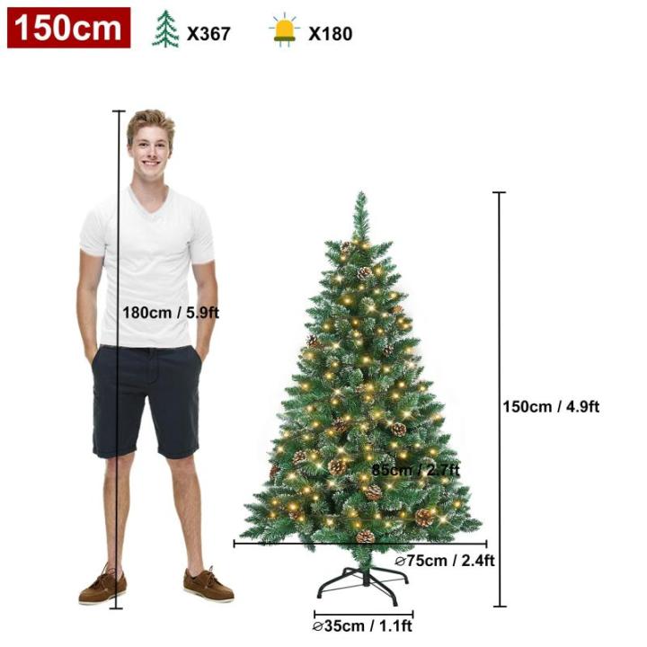 Kunstkerstboom met verlichting, groen, pvc, met sneeuweffect, dennenappels, led, pvc, kerstboom, decoratieve boom met standaard, kerstdecoratie voor kerstdecoratie