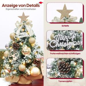 Mini-kerstboom kleine kerstboom met verlichting, led-tafel, kerstboom, klein, kunstmatig versierd, voor kerstdecoratie (40 cm, champagne-goud)