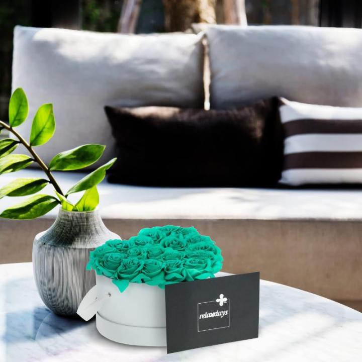 Rozenbox hart, 18 rozen, stabiele bloemenbox, wit, 10 jaar houdbaar, cadeau-idee, decoratieve bloemenbox, turquoise