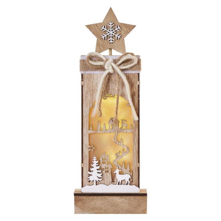 Lichtgevend winterlandschap van hout, 3 leds warm wit licht, kerstdecoratie, IP20 binnen, werkt op batterijen (2 x AA), 10.000 uur levensduur, 6/18 uur timer, 0,3 watt, 12 x 5 x 34