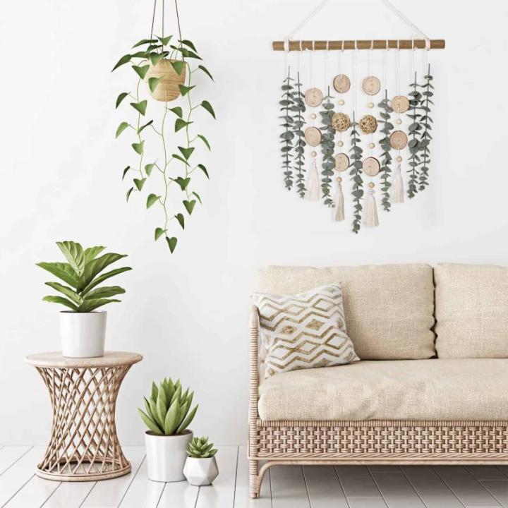 Badkamer Decor Kunstmatige Eucalyptus Groen Opknoping Muur Decor Faux Eucalyptus Bladeren Opknoping Plant op Houten Stok met Rieten Bal Rustieke Boerderij voor Slaapkamer Kwekerij 