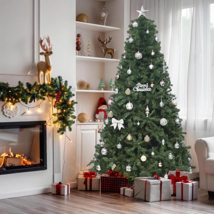 Kunstkerstboom, 230 cm, ca. 1346 takken, natuurgetrouw, dichte takken, dennenboom met klapsysteemframe en metalen standaard, snelle montage voor thuis, kantoor, winkels, 230 x Ø 1