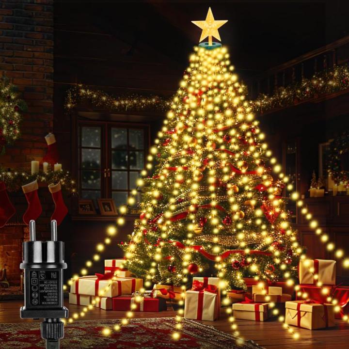 Lichtsnoer kerstboom met ring en topper ster, 400 leds, kerstverlichting, warmwit, 2 m x 16 strengen, 8 modi, waterdichte kerstverlichting, binnen en buiten, voor Kerstmis