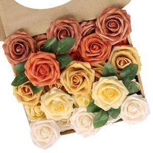 Kunstbloemen, rozen, 25 stuks, kunstrozen met stelen voor bruiloftsfeest, oogstfeest, herfstdecoratie, Valentijnsdag, Moederdag, woondecoratie, gemengd oranje