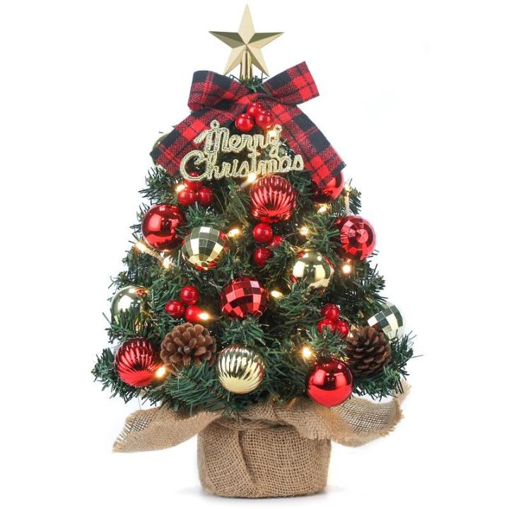 Mini-kerstboom Kleine kerstboom met verlichting, led, tafelkerstboom, klein, kunstmatig versierd voor kerstdecoratie, 40 cm (rood met goud)