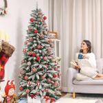 Slim Kunstkerstboom met verlichting, led-dennenboom voor kerstdecoratie, bedekt met witte sneeuw, smal model, wit, 180 cm