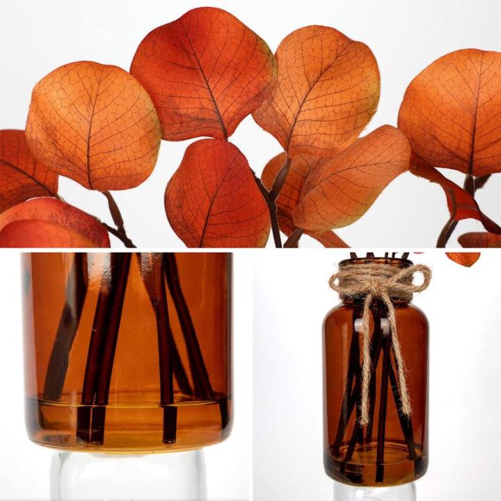 Kunstmatige eucalyptus takken met amber glazen vaas, oranje eucalyptus, kunststof plant, eucalyptus, realistische eucalyptus, decoratie, zilveren dollar voor tafeldecoratie, kantoo