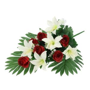 Boeket met kunstlelies en rozen, , oplegger, boeket, bloem, tafeldecoratie, bloemstuk, decoratie, grafdecoratie, grafdecoratie, begraafplaats, begraafplaats, begraafplaats,