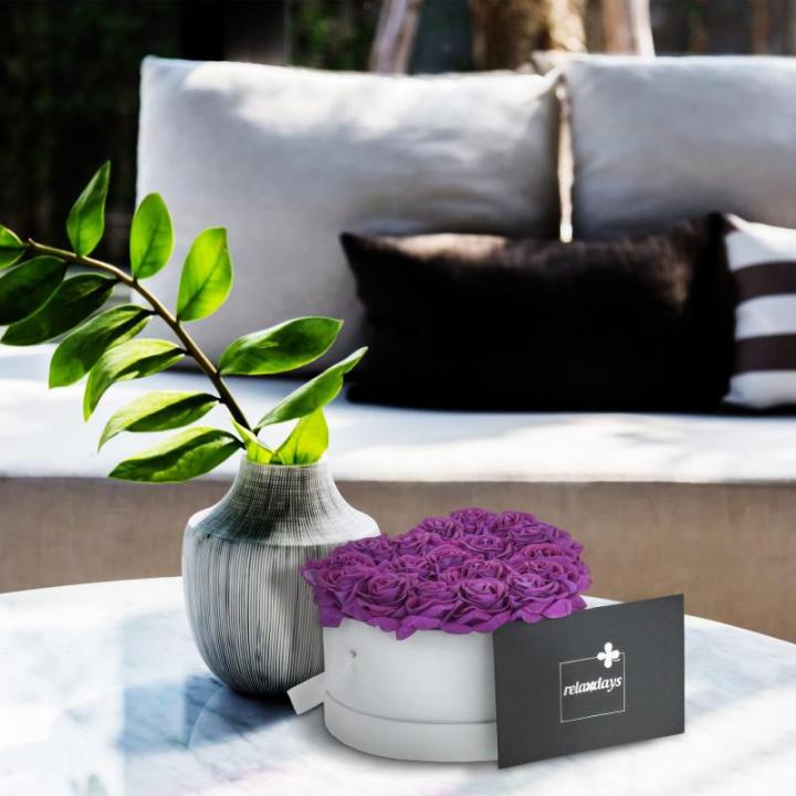 Rozenbox hart, 18 rozen, stabiele bloemenbox, wit, 10 jaar houdbaar, cadeau-idee, decoratieve bloemenbox, paars