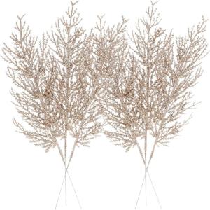 24er Pack Künstliche Glitzer-Kieferbaum-Äste, Dekorative Stäbe, Glitzernde Stängel, Picks, Zweige für Weihnachtsbaum, Kleine Vase, Feiertage, Hochzeit, Party, 14 Zoll.Champagn