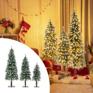 Kunstkerstboom, 3-delig, 90 + 120 + 150 cm, kerstboom met sneeuw en warm witte ledlampen, smalle dennenboom met metalen standaard, besneeuwde kunstboom, pvc-naalden, groen