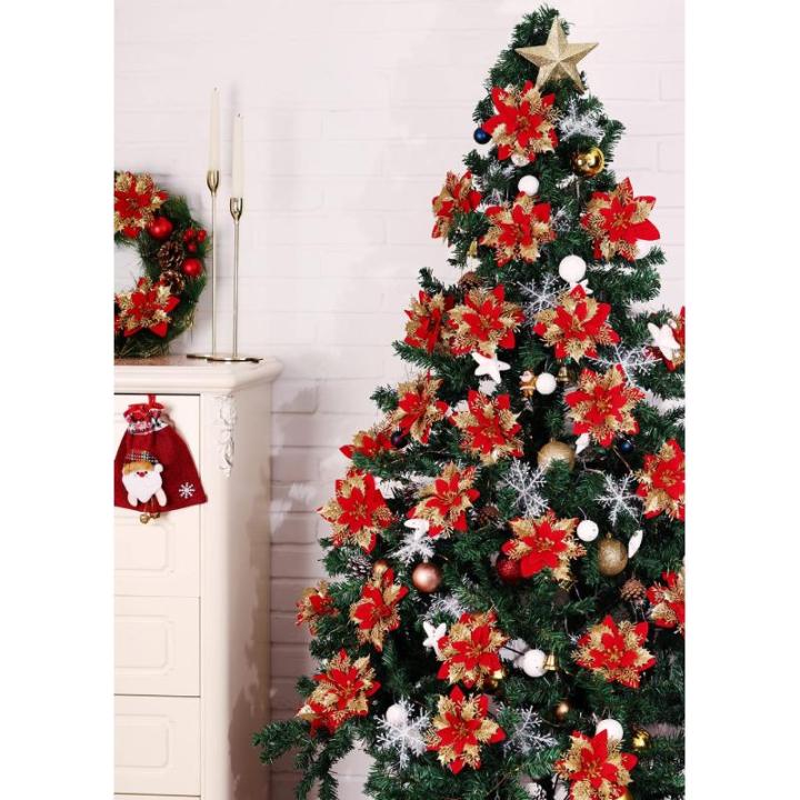 Kunstbloemen, Poinsettia, glitter, kerstbloemen met clips, kerstbloemen, ornamenten voor doe-het-zelf kransen, slinger, huis, feestdecoratie, 15 stuks, 14 cm, rood goud