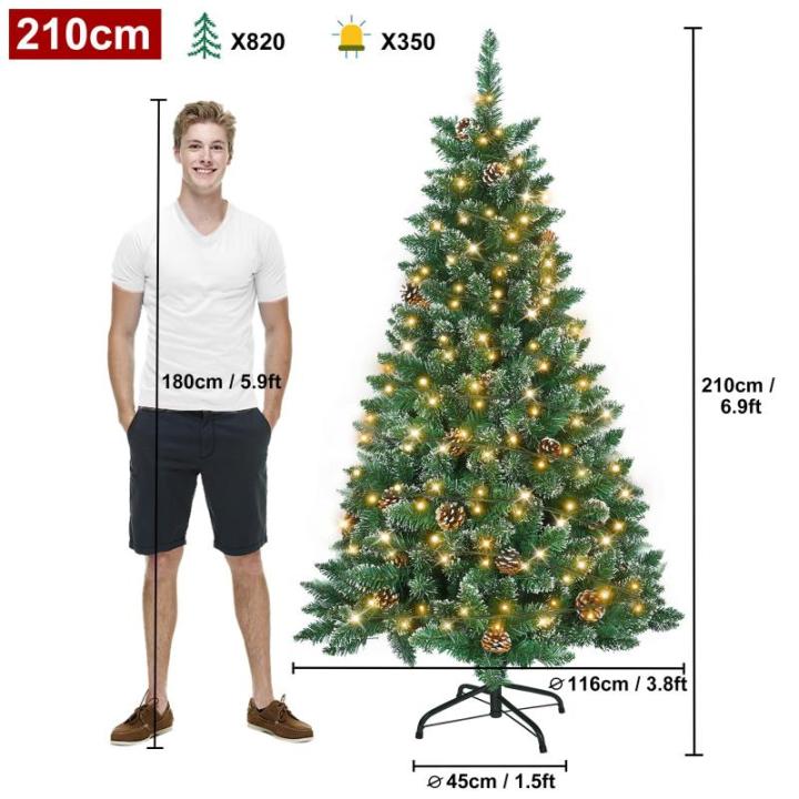 Kunstkerstboom met verlichting, groen, pvc, met sneeuweffect en dennenappels, led-pvc, decoratieve boom met standaard, kerstdecoratie voor kerstdecoratie