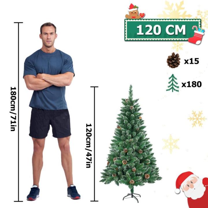 Kunstkerstboom, 120 cm, pvc, met sneeuweffect, dennenappels, kerstboom met snel op te bouwen, inklapsysteem, brandvertragende kunstdennenboom met metalen standaard