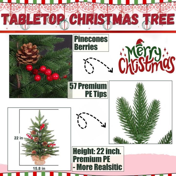 Kleine kerstboom, tafelkerstboom met 57 PE-punten, 8 dennenappels, 8 bessen, wollige, voorversierde kerstboom van 2 voet, geeft de kamer een feestelijke toon, groen