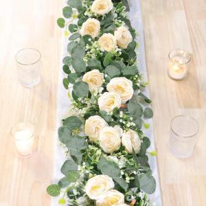 Künstliche Eukalyptus-Blumengirlande mit Champagnerrose, Seidenblumen, Grün, Girlande, Kunstschleierkraut, Efeu, für Hochzeit, Zuhause, Weihnachten, Party, Tischläufer, Dekorat