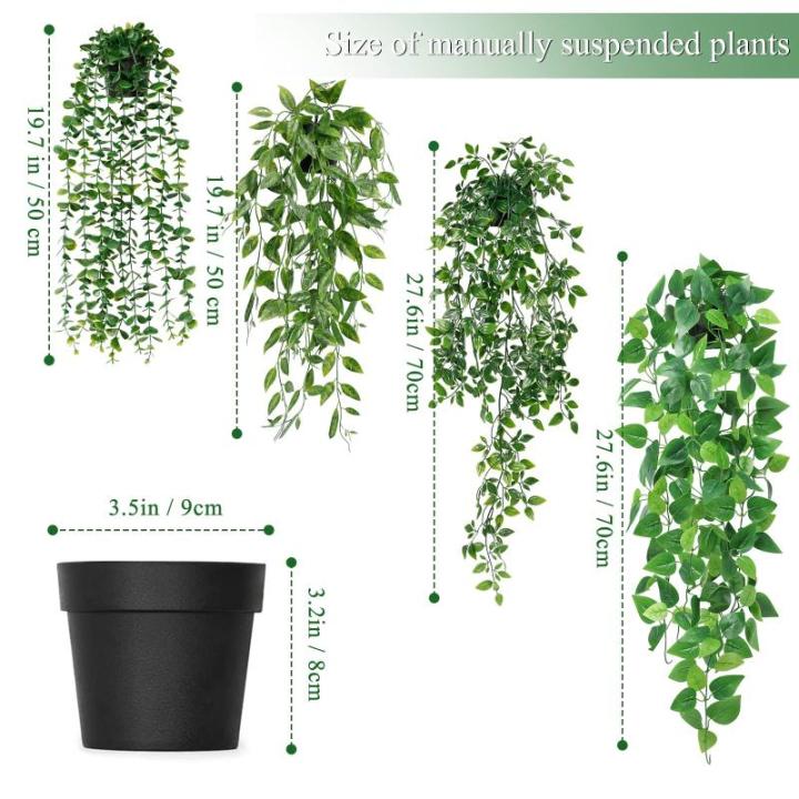 4 stuks kunsthangplanten, eucalyptusbladeren met potten, onderhoudsvrije , wijnstok voor tuin, binnen en buiten (pothos)