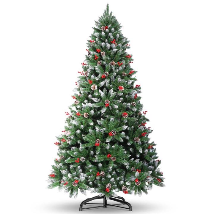 Kunstkerstboom 210 cm, dennenboom kerstboom met verlichting, met dennenappels, sneeuw, 500 twijgen, kerstboom met metalen standaard