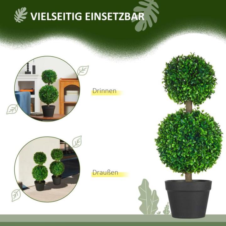 , set van 2 buxusboom, 60 cm kunstplant met dubbele bal, uv-bestendige kamerplant, kunstboom, plantendecoratie voor binnen en buiten, groen